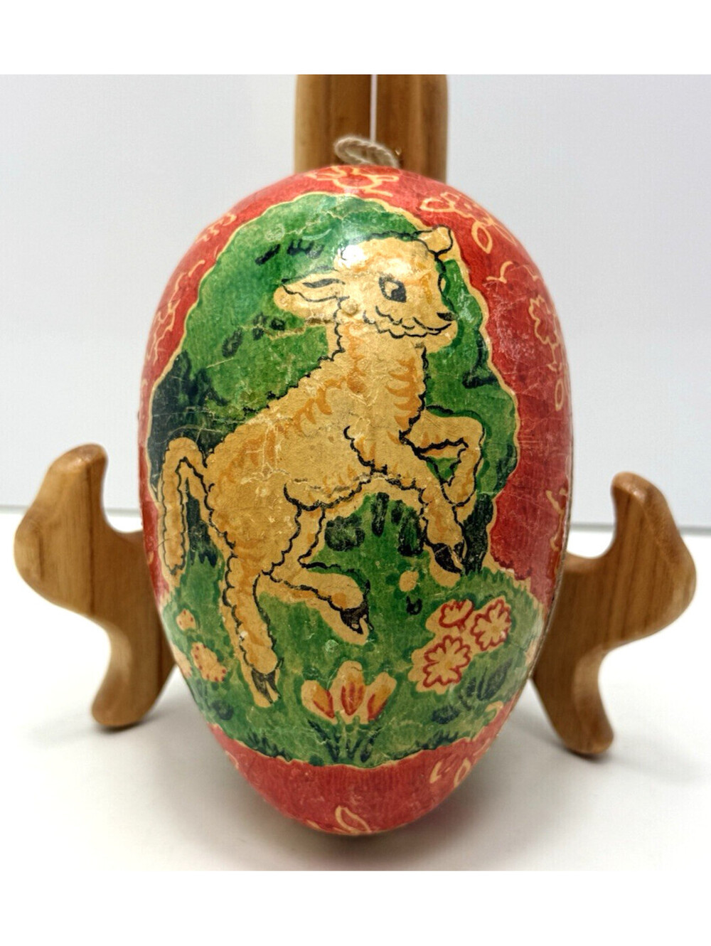 Vtg British Made Paper Red Easter Egg 3.5" Sawtooth Edge Dancing Lamb